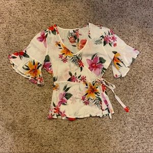 Floral linen wrap shirt
